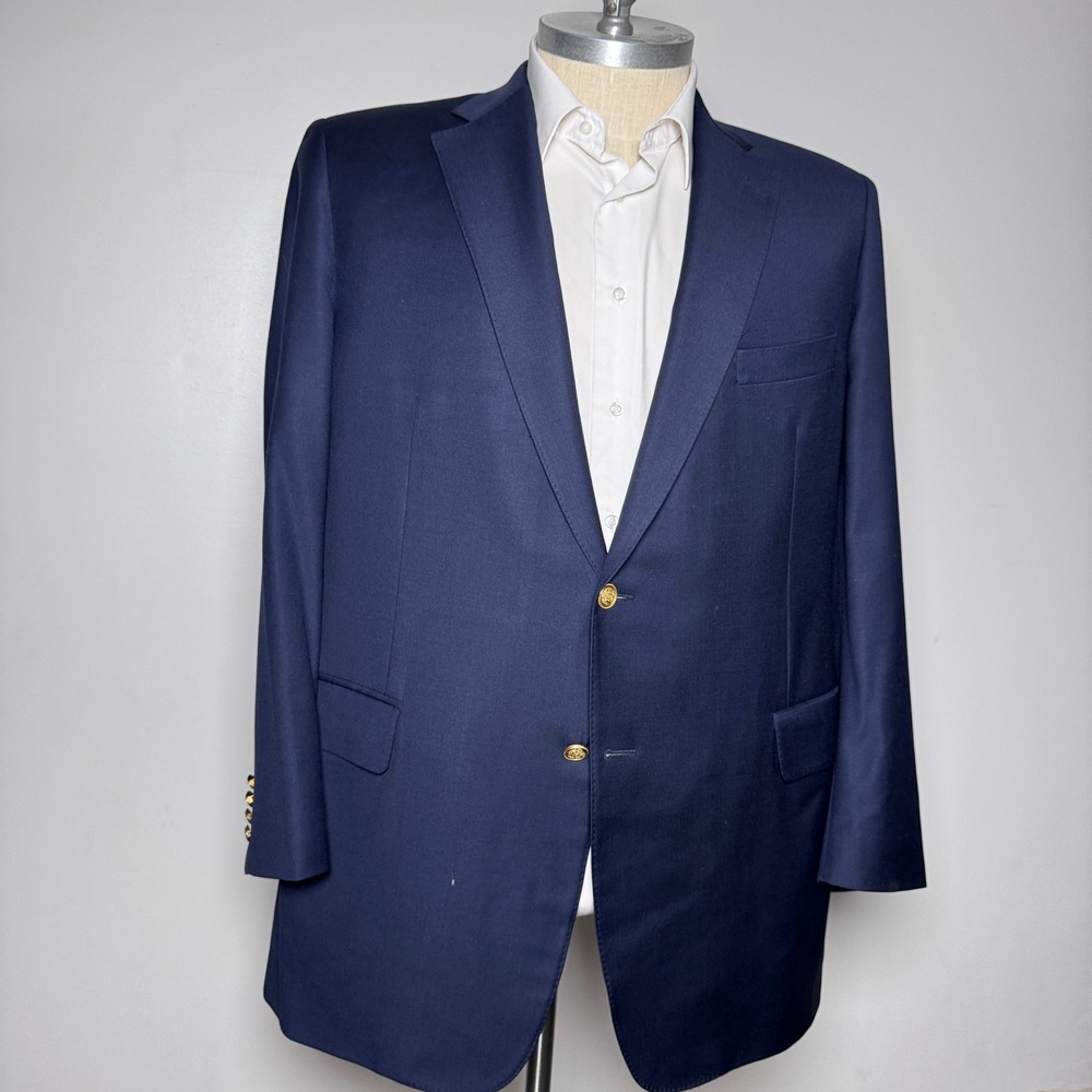 Samuelsohn Blazer Mens 48L Navy Blue Solid Wool Super 110s Gold Buttons 2-Button
